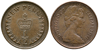 Великобритания 1/2 пенни 1971 Елизавета II (1952-2022) KM 914, Spink 4239 бронза 100-1262