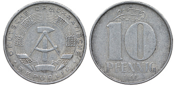 ГДР 10 пфеннигов 1968 A KM 10 алюминий 62-747