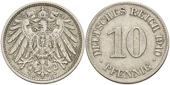 Германия 10 пфеннигов 1910 E KM 12, Jager 13, Weege 8 медно-никель 219-157