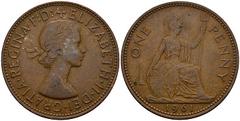 Великобритания 1 пенни 1961 Елизавета II (1952-2022) KM 897, Spink 4157 4599-245