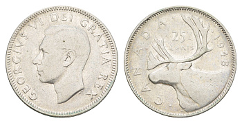 Канада 25 центов 1948 Георг V (1910-1936), олень KM 44 серебро 73-1326