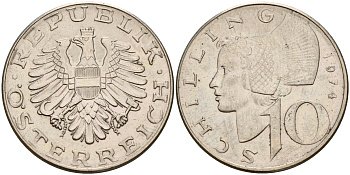 Австрия 10 шиллингов 1974  KM 2918 никель плакированный медно-никелем    4601-944