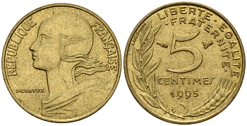 Франция 5 сантимов 1995 KM 933 алюминиевая бронза 4154-1066