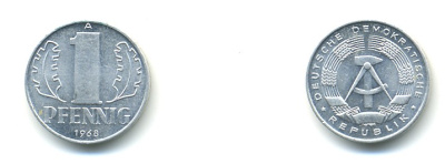 ГДР 1 ПФЕННИГ 1968 А KM 8.1 алюминий 80-718