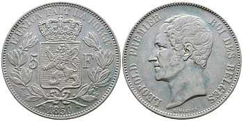 Бельгия 5 франков 1850 Леопольд I (1831-1865) KM 17 серебро 00-1067-9-51