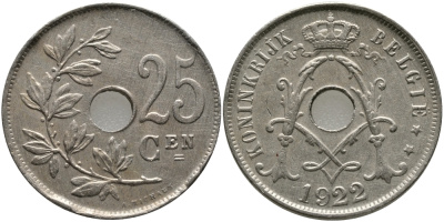 БЕЛЬГИЯ 25 САНТИМОВ 1922 BELGIE KM 69 медно-никель 93-534