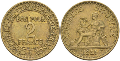Франция 2 франка 1925 тип Chambre de commerce KM 877, Le Franc 267.7 алюминиевая бронза 3460-533