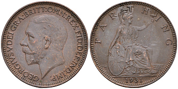 Великобритания 1 фартинг 1931 Георг V (1910-1936) KM 825, Spink 4061 бронза UNC 4588-517