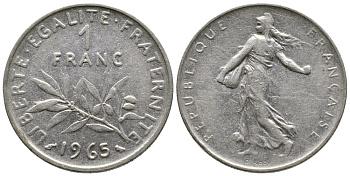 Франция 1 франк 1965 сеятель KM 925.1, Le Franc 226.9 никель 4364-3345