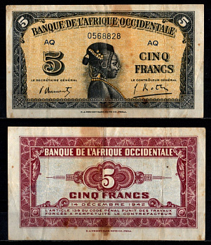 Французская Западная Африка 5 франков 1942 Pick 28 b бумага 7217-25-1-1