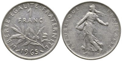 Франция 1 франк 1965 сеятель KM 925.1, Le Franc 226.9 никель 4364-3345