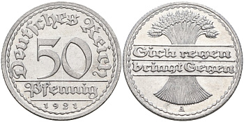 Германия 50 пфеннигов 1921 A KM 27, J.301, Weege 10 алюминий UNC 4584-834