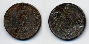 ГЕРМАНИЯ 5 ПФЕННИГОВ 1921 KM 19, J. 297 железо 35-1142