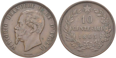 ИТАЛИЯ 10 ЧЕНТЕЗИМО 1863 МОНДВОР ПАРИЖ, ВИКТОР ЭММАНУИЛ II (1861-1878) KM 11.2 медь 4526-723