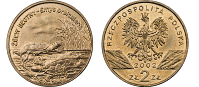 Польша 2 злотых 2002 MW, серия сохраним наш мир, болотные черепахи KM 427 нордик UNC 4526-634