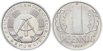 ГДР 1 пфенниг 1968 A KM 8.1 алюминий UNC 201-233