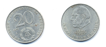 ГДР 20 марок 1973 А, Отто Гротеволь (1894-1964) KM 47 медно-никель 54-2544