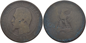 ФРАНЦИЯ 10 САНТИМОВ 1854 A, НАПОЛЕОН III (1852-1870) KM 771.1 бронза 97-1043