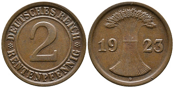 ГЕРМАНИЯ 2 РЕНТЕНПФЕННИГА 1923 D KM 31, J. 307 бронза 24-433