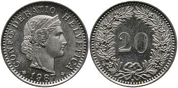 ШВЕЙЦАРИЯ 20 РАППЕНОВ 1987 В KM 29a медно-никель 33-312