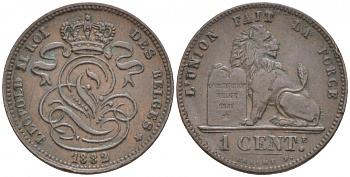 БЕЛЬГИЯ 1 САНТИМ 1882 KM 33.1 медь 44-937