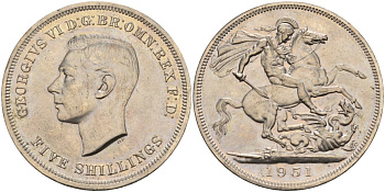 Великобритания 5 шиллингов = 1 крона 1951 Георг VI (1936-1952), фестиваль Британии, Георгий Победоносец, в оригинальной коробке KM 880, Spink 4111 медно-никель Prooflike 3-4-7-38