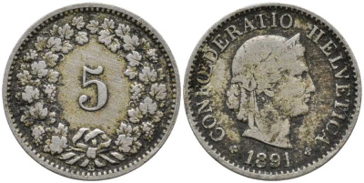 ШВЕЙЦАРИЯ 5 РАППЕНОВ 1891 В KM 26 медно-никель 3334-1255
