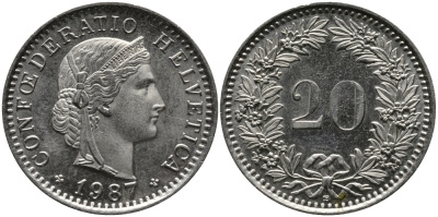 ШВЕЙЦАРИЯ 20 РАППЕНОВ 1987 В KM 29a медно-никель 33-312