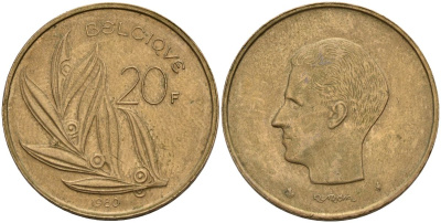 Бельгия 20 франков 1980 Belgique, Бодуэн I (1951-1993) KM 159 никель бронза 4150-827