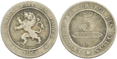 БЕЛЬГИЯ 5 САНТИМОВ 1861 BELGES KM 21 медно-никель 211-655