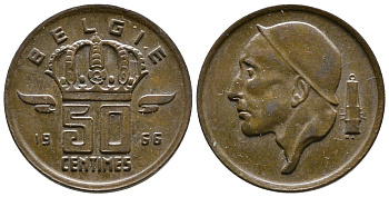 БЕЛЬГИЯ 50 САНТИМОВ 1966 BELGIE KM 149.1 бронза 4383-1131