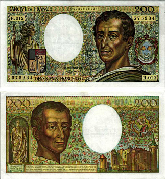 ФРАНЦИЯ 200 ФРАНКОВ 1982 ШАРЛЬ БАРОН де МОНТЕСКЬЮ, СТЕПЛЕР Pick 155а бумага XF 7183-39-3-1