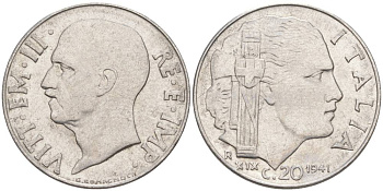 ИТАЛИЯ 20 ЧЕНТЕЗИМО 1941 R, ГОД XIX, ВИКТОР ЭММАНУИЛ III (1900-1946) KM 75b, VEM3. 1028 нержавеющая сталь 3853-1134