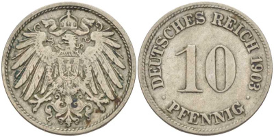 ГЕРМАНИЯ 10 ПФЕННИГОВ 1903 D KM 12, J. 13 медно-никель 4401-1247