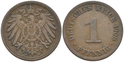 ГЕРМАНИЯ 1 ПФЕННИНГ 1908 А KM 10, J. 10 медь 201-929
