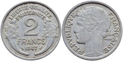 Франция 2 франка 1947 KM 886а.1 алюминий 4397-741