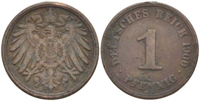 ГЕРМАНИЯ 1 ПФЕННИНГ 1900 А KM 10, J. 10 медь 201-918