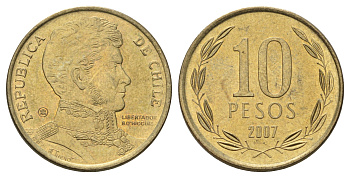 Чили 10 песо 2007 KM 228 никель латунь UNC 4689-267