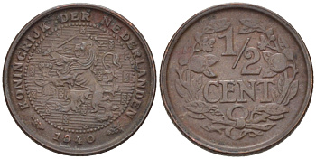 НИДЕРЛАНДЫ 1/2 ЦЕНТА 1940 ВИЛЬГЕЛЬМИНА (1890-1948) KM 138 бронза 39-241
