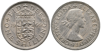 Великобритания 1 шиллинг 1966 Елизавета II (1952-2022), Английский герб KM 904, Spink 4147 медно-никель 86-1152
