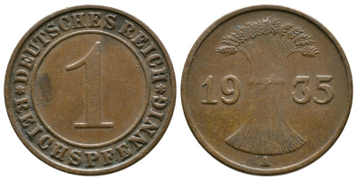 Германия 1 рейхспфенниг 1935 A KM 37, J. 313 бронза 220-117