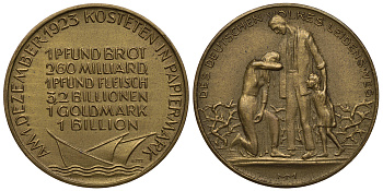 Германия медаль 1923 гиперинфляция, цены на продукты 1 ого декабря в Саксонии, 9,65 гр, 32 мм бронза 413-4432