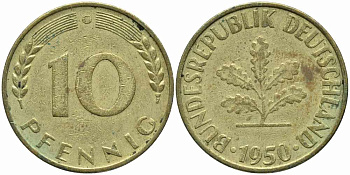 ФРГ 10 ПФЕННИГОВ 1950 G KM 108, J. 383 сталь плакированная латунью 113-135