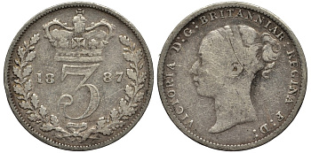 Великобритания 3 пенса 1887 Виктория (1837-1901) KM 730, Spink 3914D серебро 4528-363