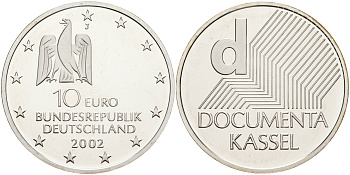 ФРГ 10 евро 2002 J, выставка документов в Касселе KM 217, DE. S. 10.3 серебро PROOF 1076-3-21