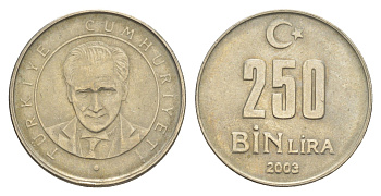 Турция 250000 лир 2003 Кемаль Ататюрк KM 1137 медь цинк никель 4648-1242