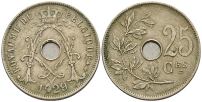 Бельгия 25 сантимов 1929 Belgique KM 68.1 медно-никель 259-1026