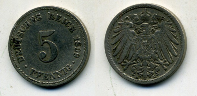 ГЕРМАНИЯ 5 ПФЕННИГОВ 1899 A, KM 11, J. 12 медно-никель 58-425
