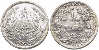 ГЕРМАНИЯ 1/2 МАРКИ 1918 J KM 17 серебро 3856-321