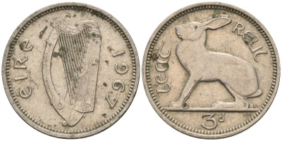 Ирландия 3 пенса 1967 заяц KM 12a медно-никель 4596-1113